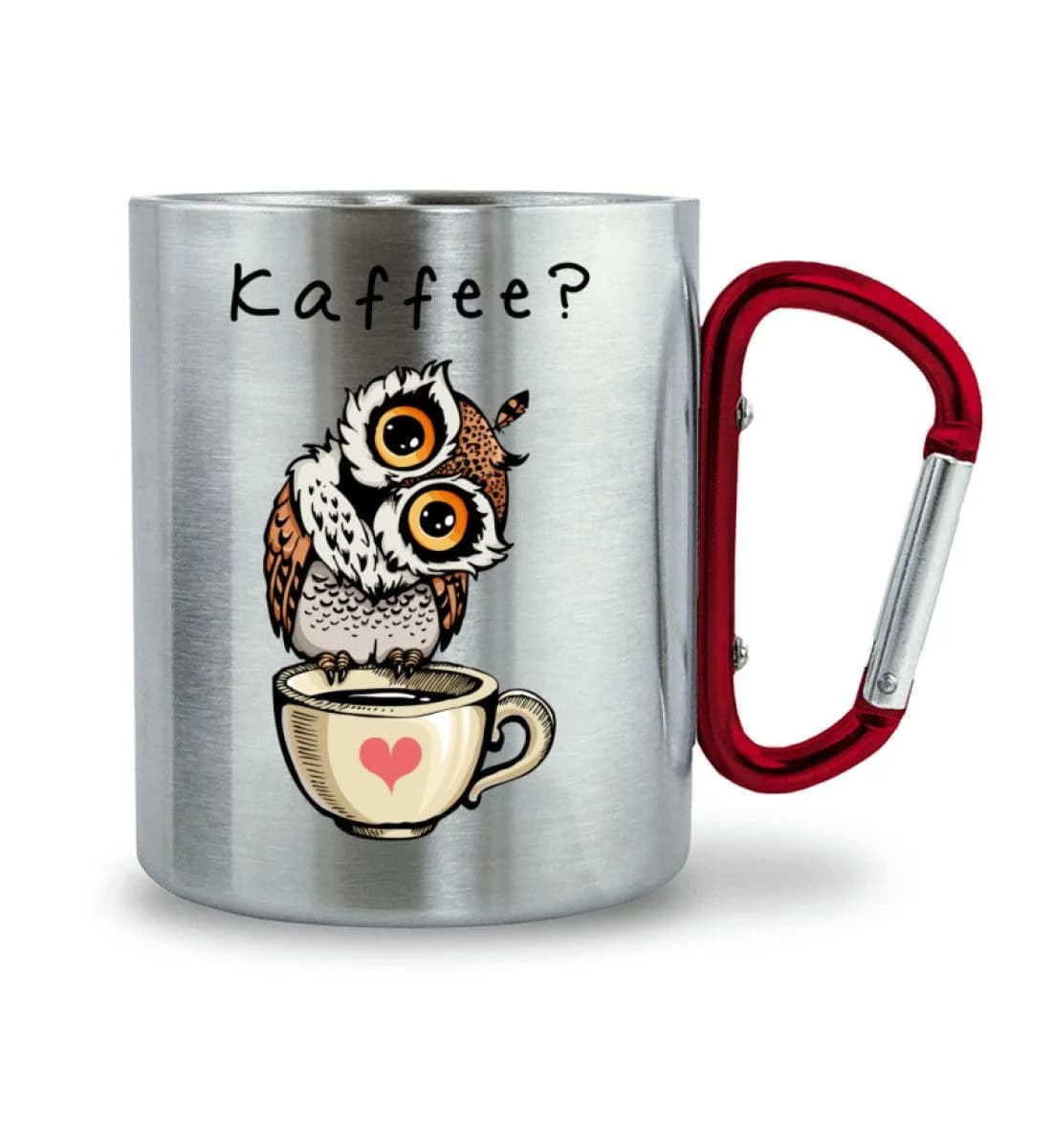 Eule auf Tasse Kaffee? - Edelstahltasse mit Karabinergriff