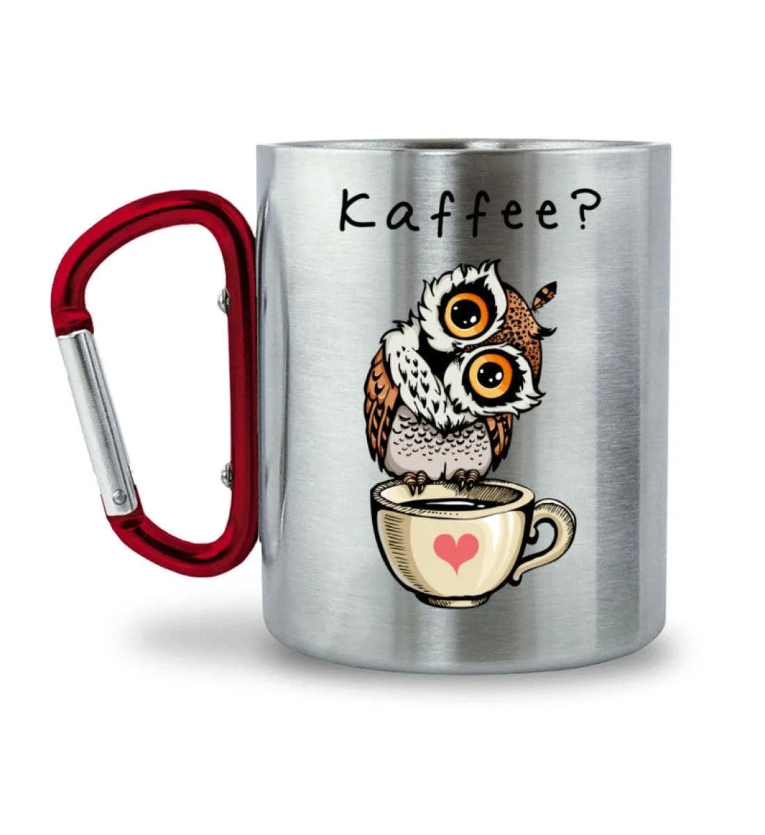 Eule auf Tasse Kaffee? - Edelstahltasse mit Karabinergriff