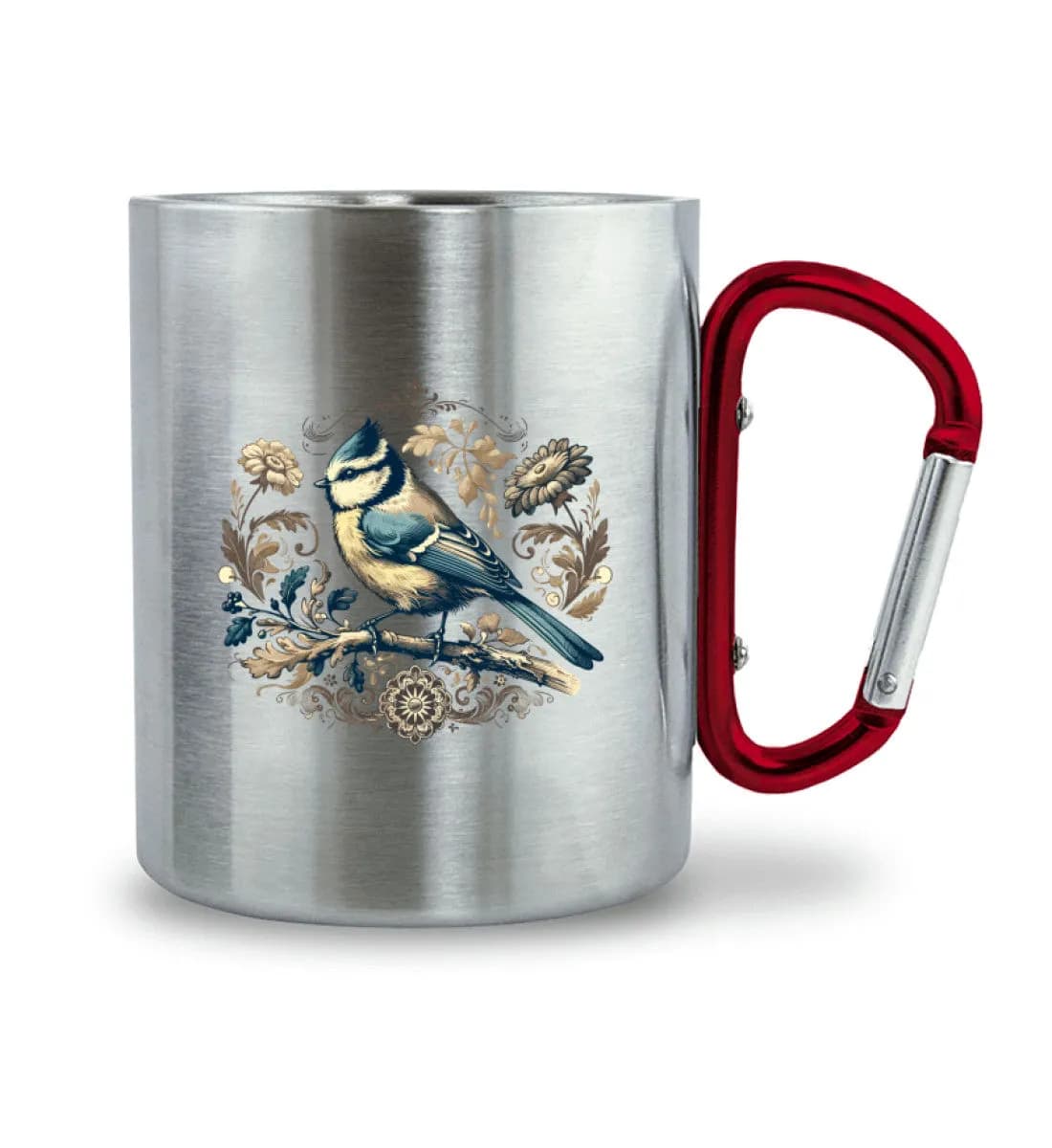 Blaumeise Retroblumen - Edelstahltasse mit Karabinergriff