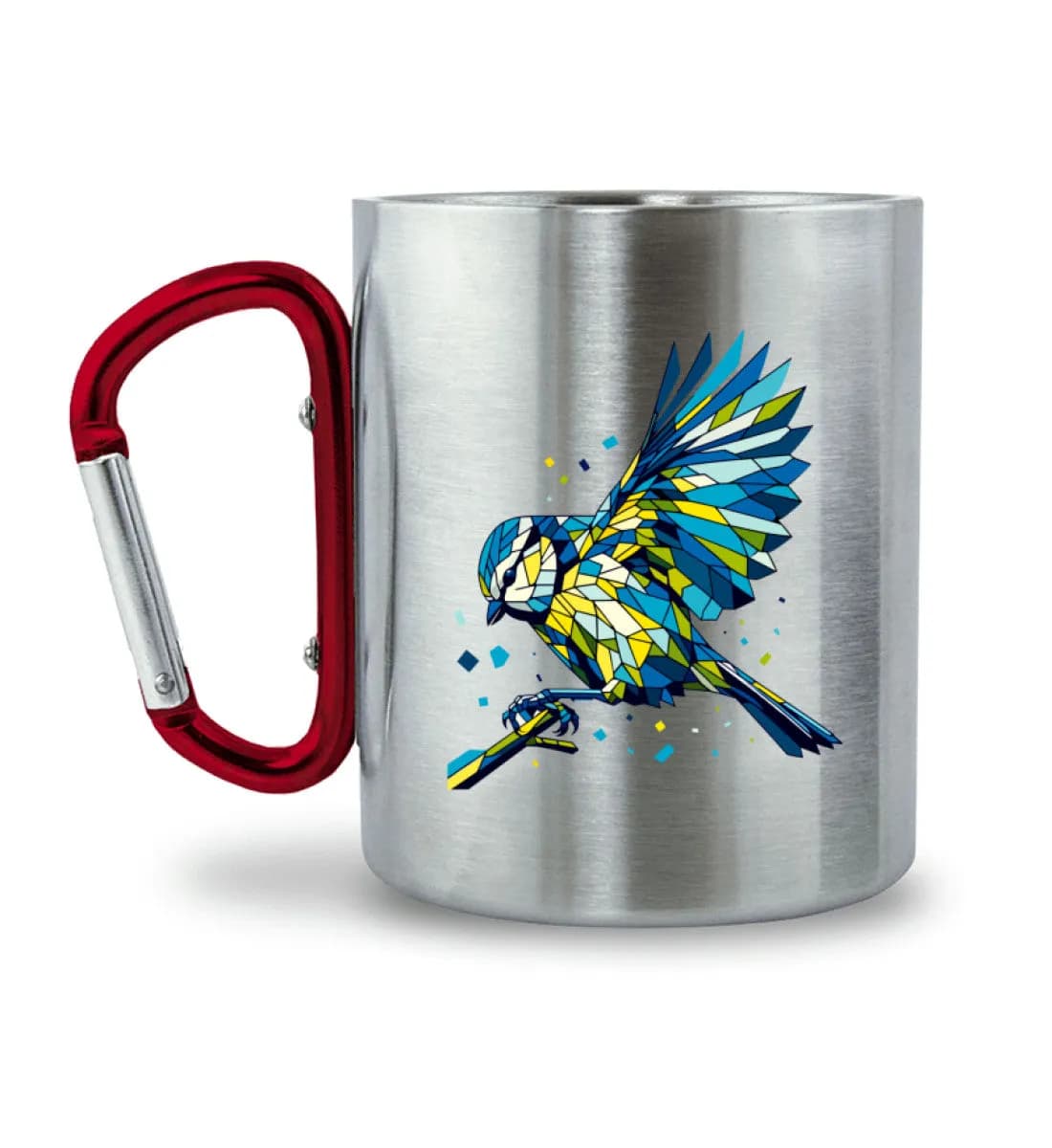 Blaumeise Polygon bunt - Edelstahltasse mit Karabinergriff