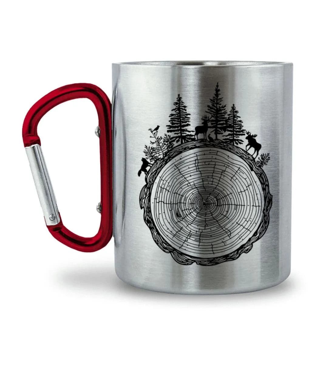 Wald auf Baumquerschnitt - Edelstahltasse mit Karabinergriff