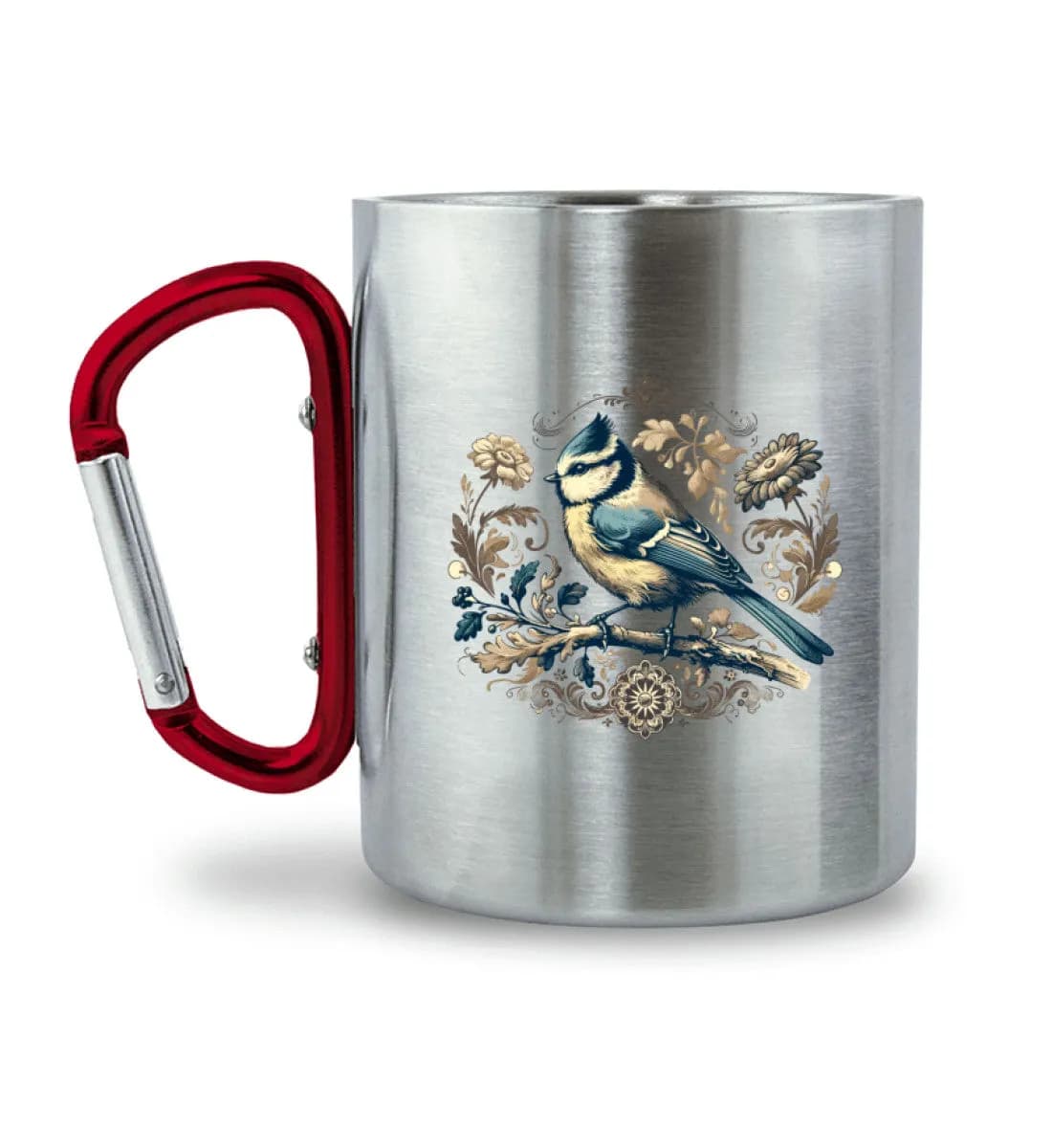 Blaumeise Retroblumen - Edelstahltasse mit Karabinergriff