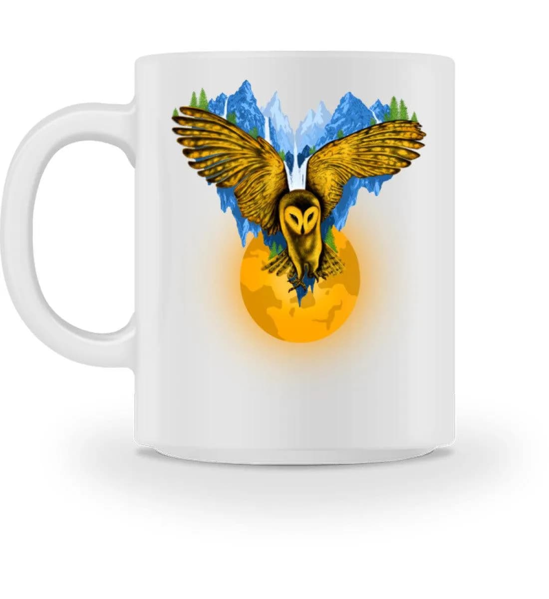 Berge auf fliegender Eule mit Mond - Tasse