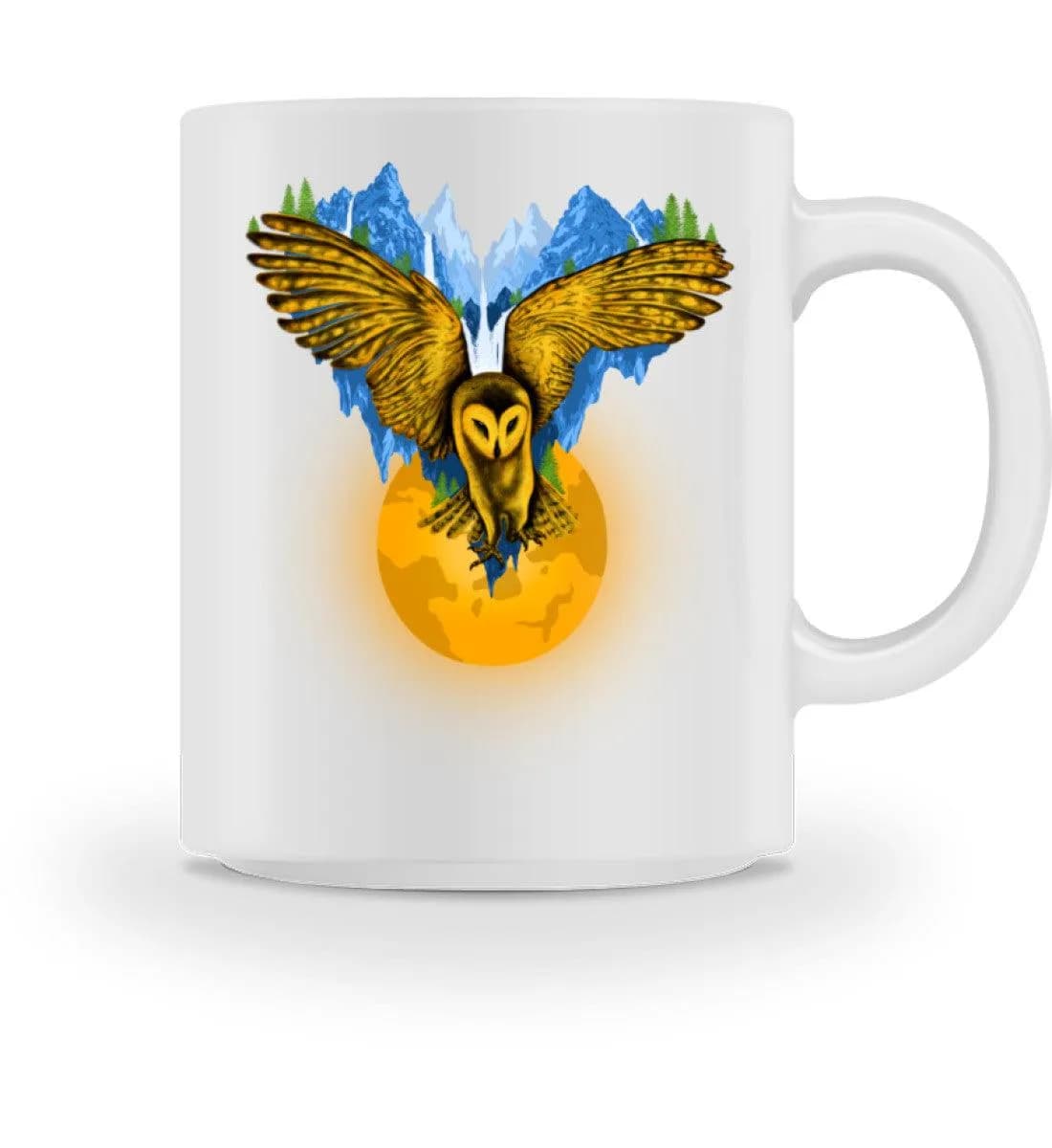 Berge auf fliegender Eule mit Mond - Tasse