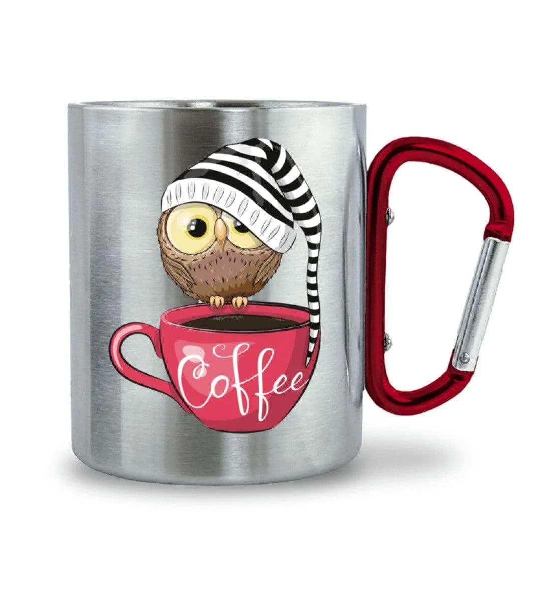 Eule auf Tasse mit Mütze - Edelstahltasse mit Karabinergriff