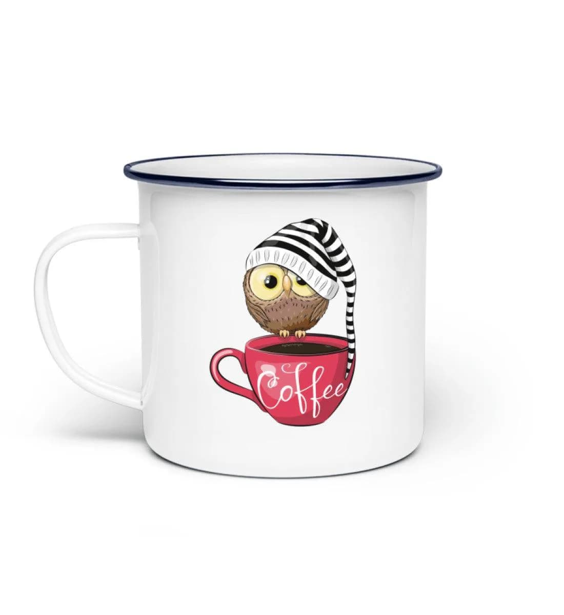 Eule auf Tasse mit Mütze - Emaille Tasse