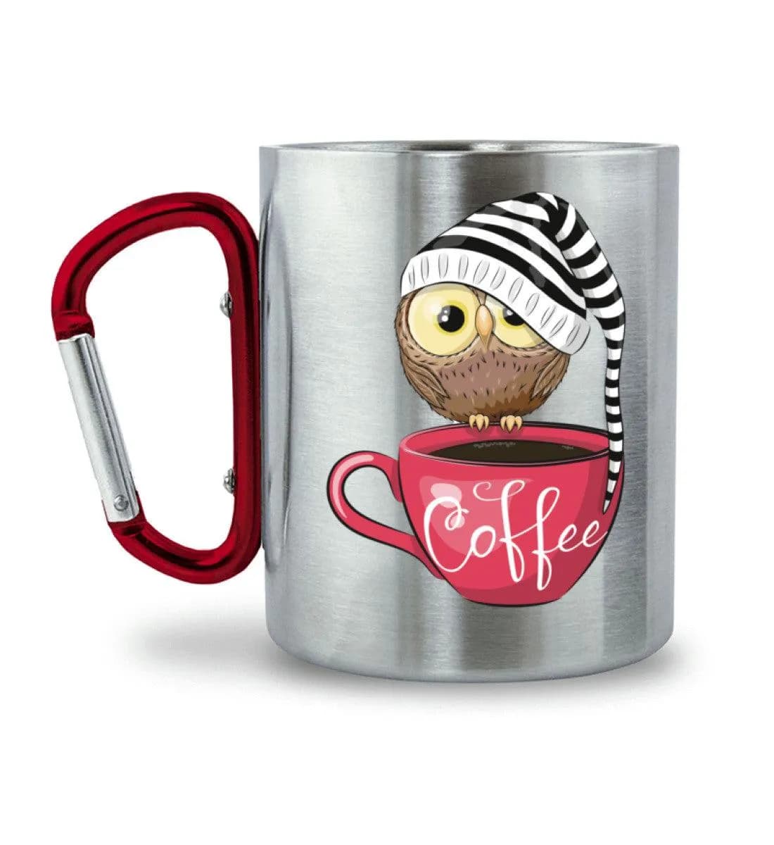 Eule auf Tasse mit Mütze - Edelstahltasse mit Karabinergriff