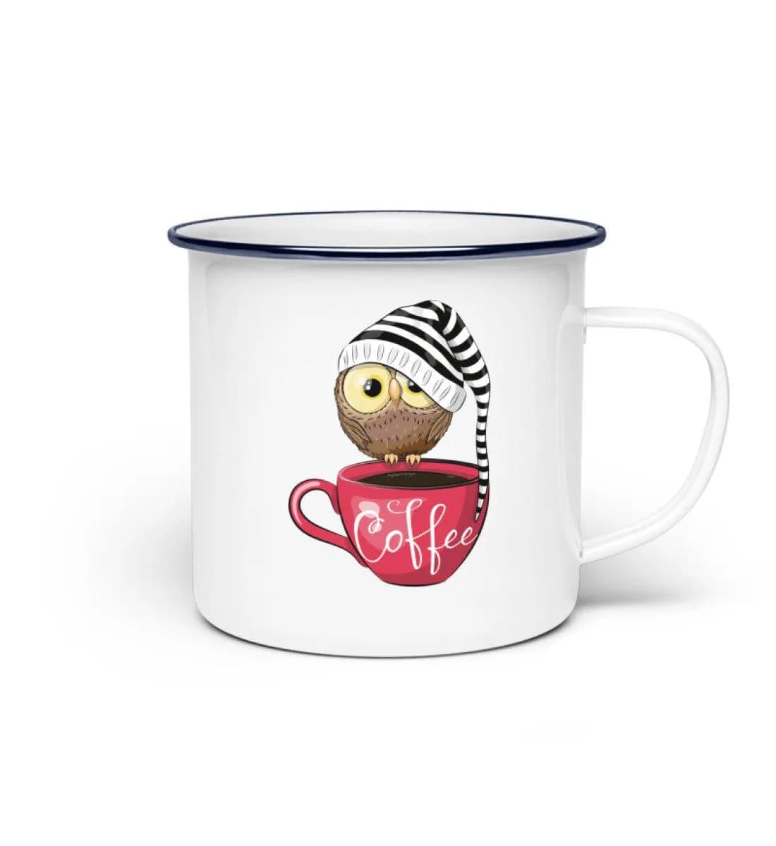 Eule auf Tasse mit Mütze - Emaille Tasse