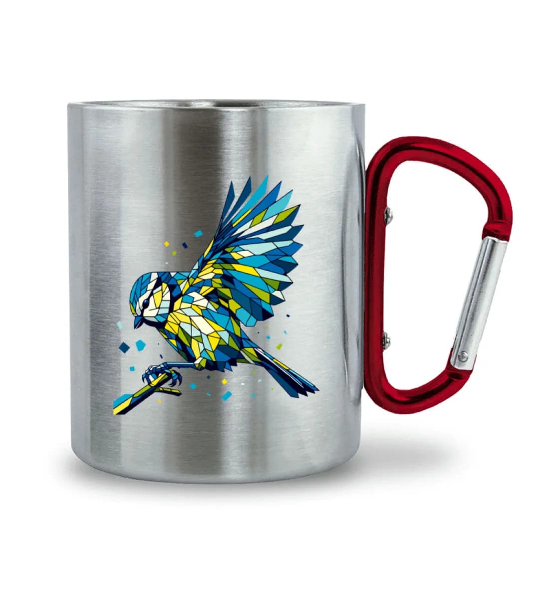 Blaumeise Polygon bunt - Edelstahltasse mit Karabinergriff