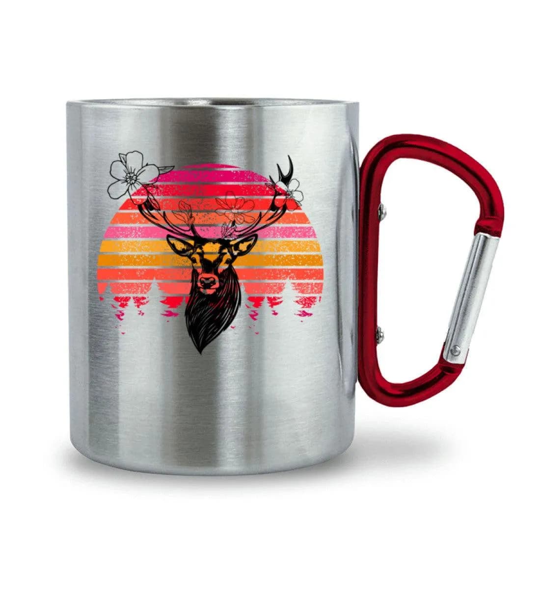 Retro Blumenhirsch - Edelstahltasse mit Karabinergriff
