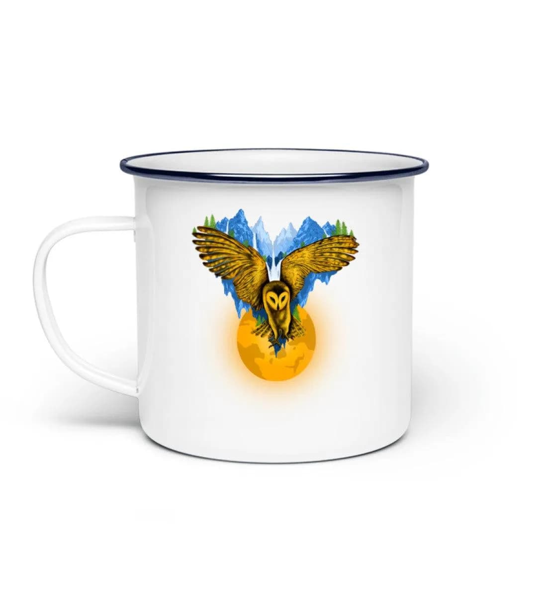 Berge auf fliegender Eule mit Mond - Emaille Tasse