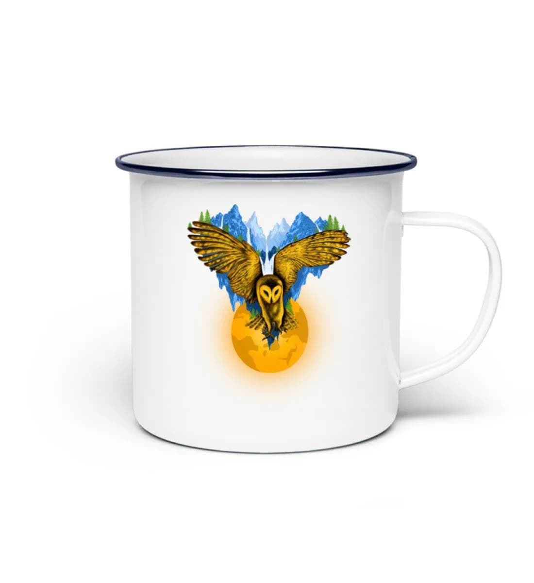 Berge auf fliegender Eule mit Mond - Emaille Tasse