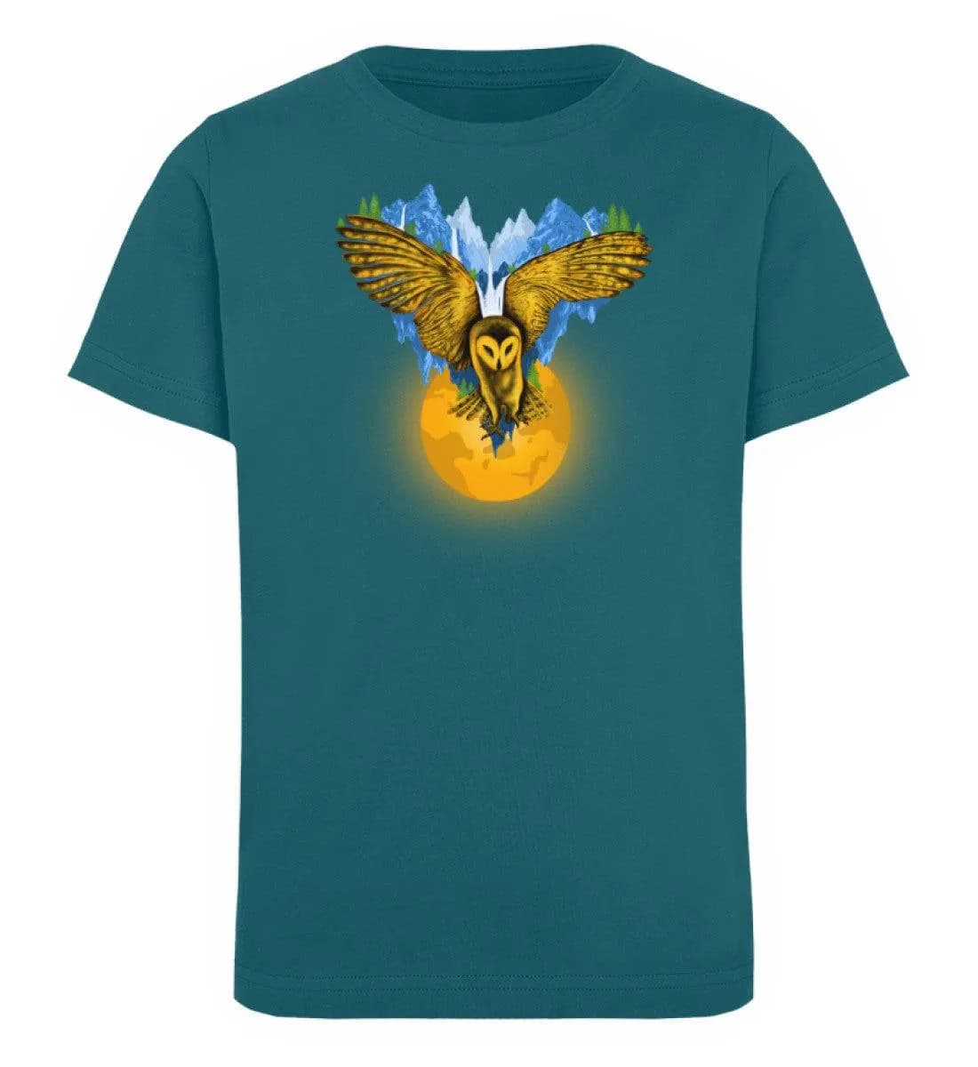 Berge auf fliegender Eule mit Mond - Kinder Bio T-Shirt